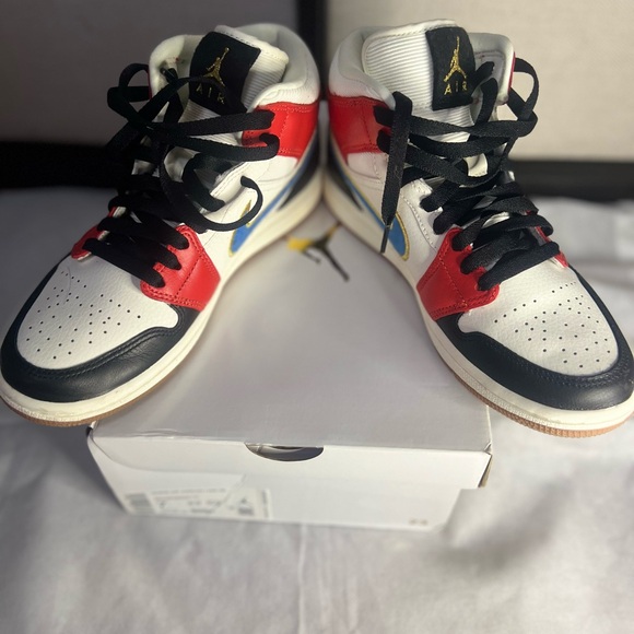 Women’s Air Jordan 1 Mid-Multicolor High-Top Sneakers with Blue Swoosh - Picture 3 of 5